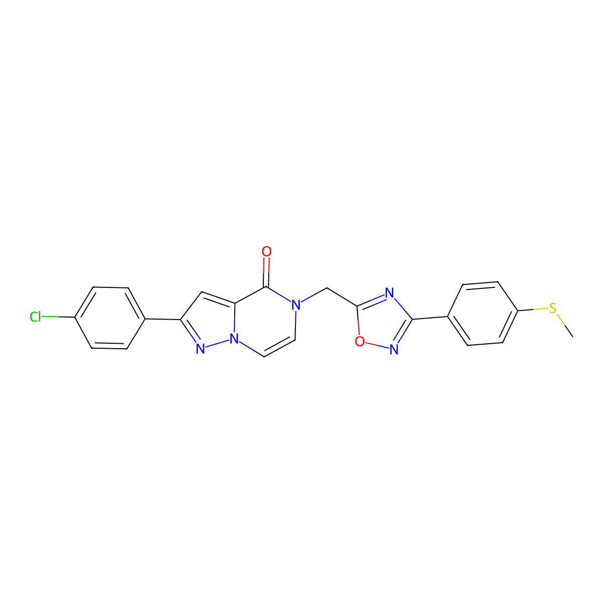 2-(4-chlorophenyl)-5-({3-[4-(methylsulfanyl)phenyl]-1,2,4-oxadiazol-5-yl}methyl)-4H,5H-pyrazolo[1,5-a]pyrazin-4-one molecular structure, CAS 1040634-72-7