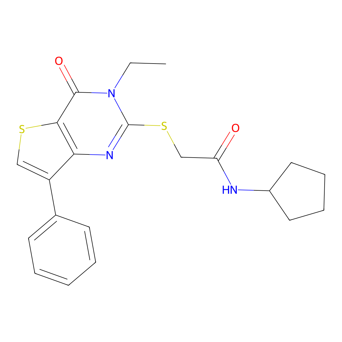 N-cyclopentyl-2-({3-ethyl-4-oxo-7-phenyl-3H,4H-thieno[3,2-d]pyrimidin-2-yl}sulfanyl)acetamide molecular structure, CAS 1040635-09-3