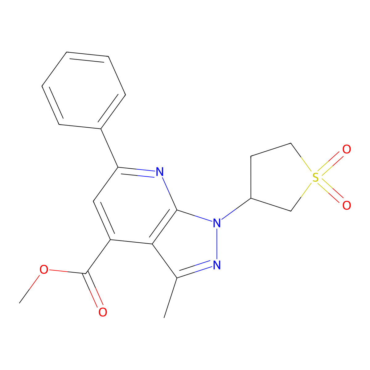 methyl 1-(1,1-dioxidotetrahydrothiophen-3-yl)-3-methyl-6-phenyl-1H-pyrazolo[3,4-b]pyridine-4-carboxylate molecular structure, CAS 1040635-18-4