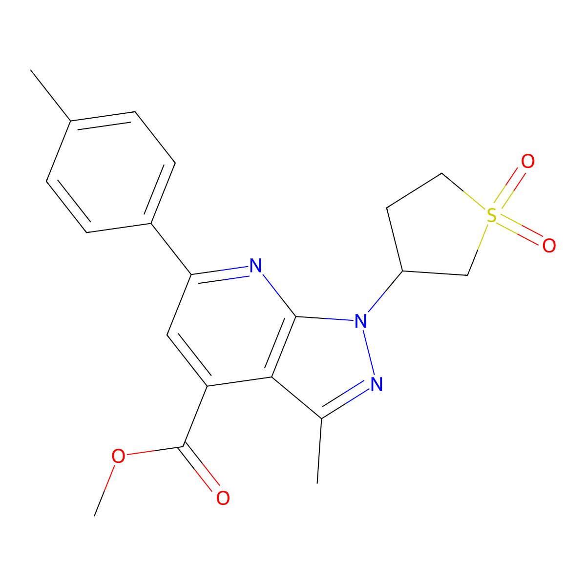 methyl 1-(1,1-dioxidotetrahydrothiophen-3-yl)-3-methyl-6-(p-tolyl)-1H-pyrazolo[3,4-b]pyridine-4-carboxylate molecular structure, CAS 1040635-26-4