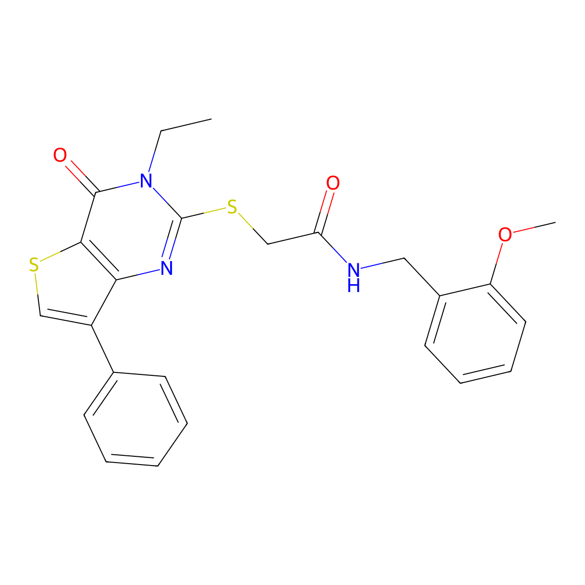 2-({3-ethyl-4-oxo-7-phenyl-3H,4H-thieno[3,2-d]pyrimidin-2-yl}sulfanyl)-N-[(2-methoxyphenyl)methyl]acetamide molecular structure, CAS 1040635-33-3