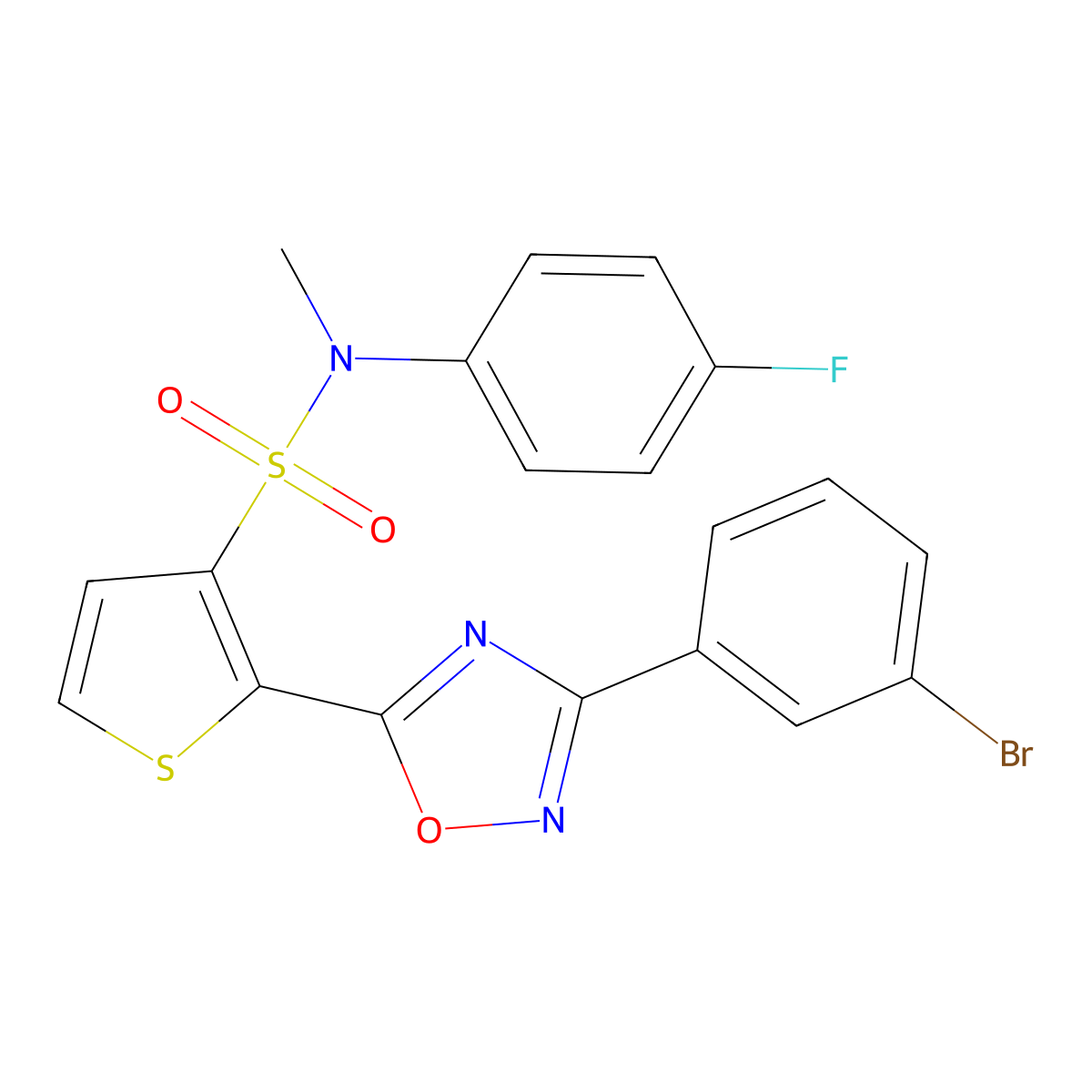 2-[3-(3-bromophenyl)-1,2,4-oxadiazol-5-yl]-N-(4-fluorophenyl)-N-methylthiophene-3-sulfonamide molecular structure, CAS 1040635-35-5