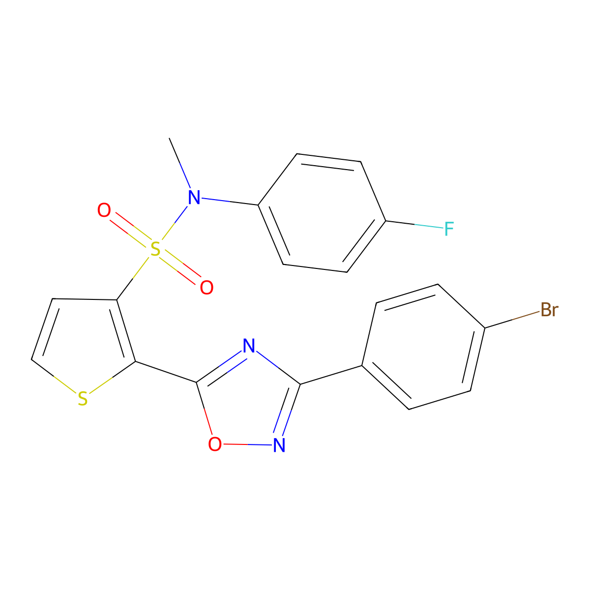 2-[3-(4-bromophenyl)-1,2,4-oxadiazol-5-yl]-N-(4-fluorophenyl)-N-methylthiophene-3-sulfonamide molecular structure, CAS 1040635-43-5