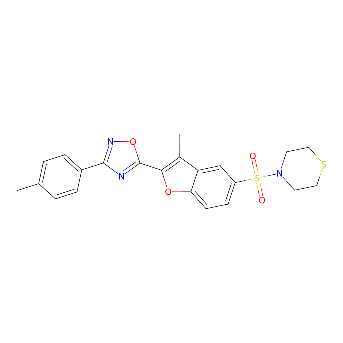 4-({3-Methyl-2-[3-(4-methylphenyl)-1,2,4-oxadiazol-5-yl]-1-benzofuran-5-yl}sulfonyl)thiomorpholine molecular structure, CAS 1040635-55-9