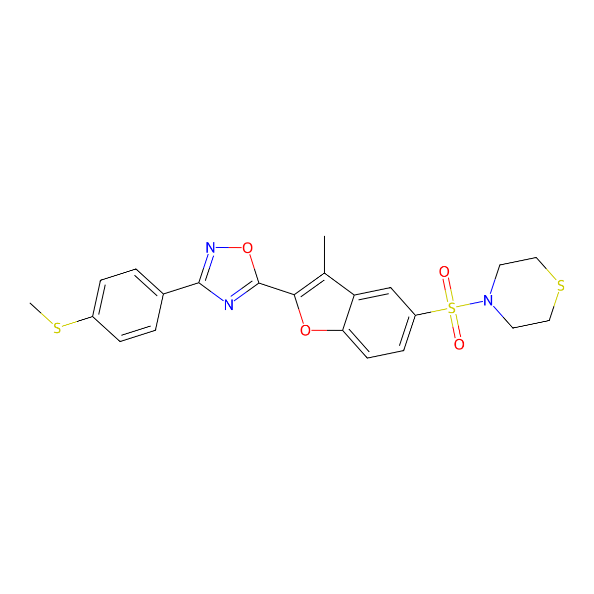 4-[(3-Methyl-2-{3-[4-(methylsulfanyl)phenyl]-1,2,4-oxadiazol-5-yl}-1-benzofuran-5-yl)sulfonyl]thiomorpholine molecular structure, CAS 1040635-71-9