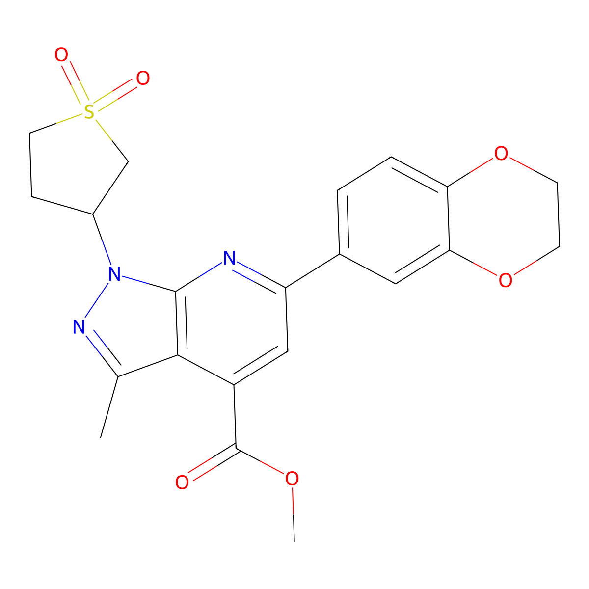 methyl 6-(2,3-dihydrobenzo[b][1,4]dioxin-6-yl)-1-(1,1-dioxidotetrahydrothiophen-3-yl)-3-methyl-1H-pyrazolo[3,4-b]pyridine-4-carboxylate molecular structure, CAS 1040635-74-2