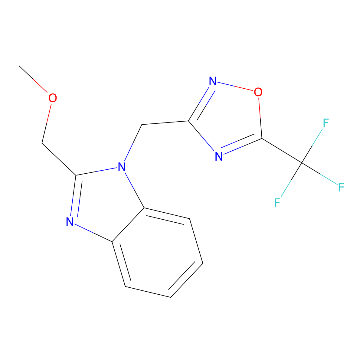 2-(methoxymethyl)-1-{[5-(trifluoromethyl)-1,2,4-oxadiazol-3-yl]methyl}-1H-benzimidazole molecular structure, CAS 1040635-77-5