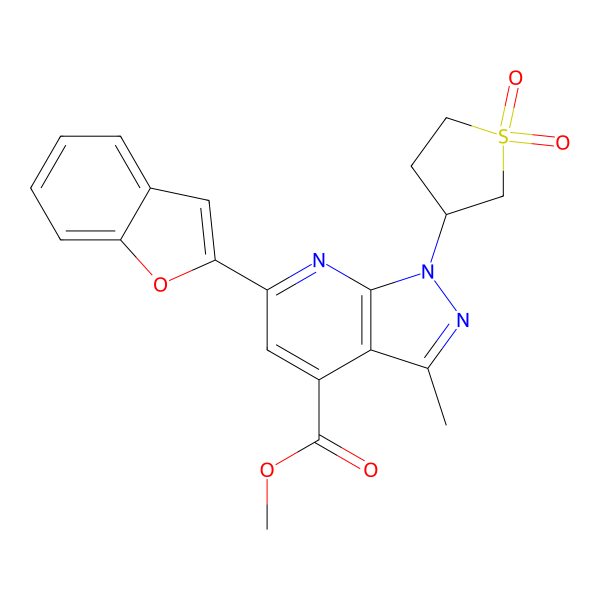 methyl 6-(benzofuran-2-yl)-1-(1,1-dioxidotetrahydrothiophen-3-yl)-3-methyl-1H-pyrazolo[3,4-b]pyridine-4-carboxylate molecular structure, CAS 1040635-90-2