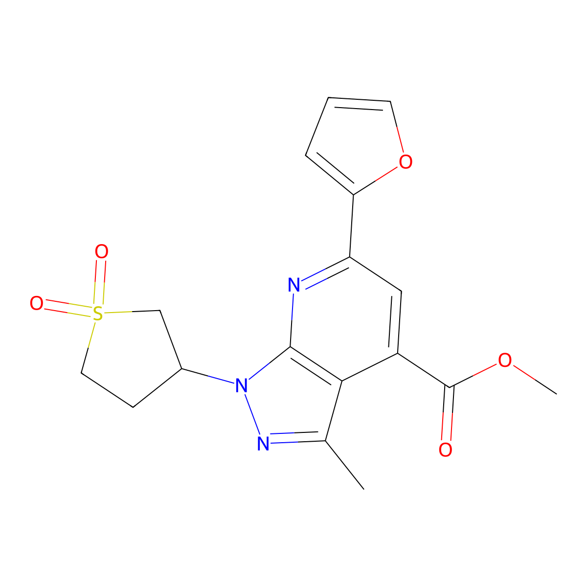methyl 1-(1,1-dioxidotetrahydrothiophen-3-yl)-6-(furan-2-yl)-3-methyl-1H-pyrazolo[3,4-b]pyridine-4-carboxylate molecular structure, CAS 1040635-98-0