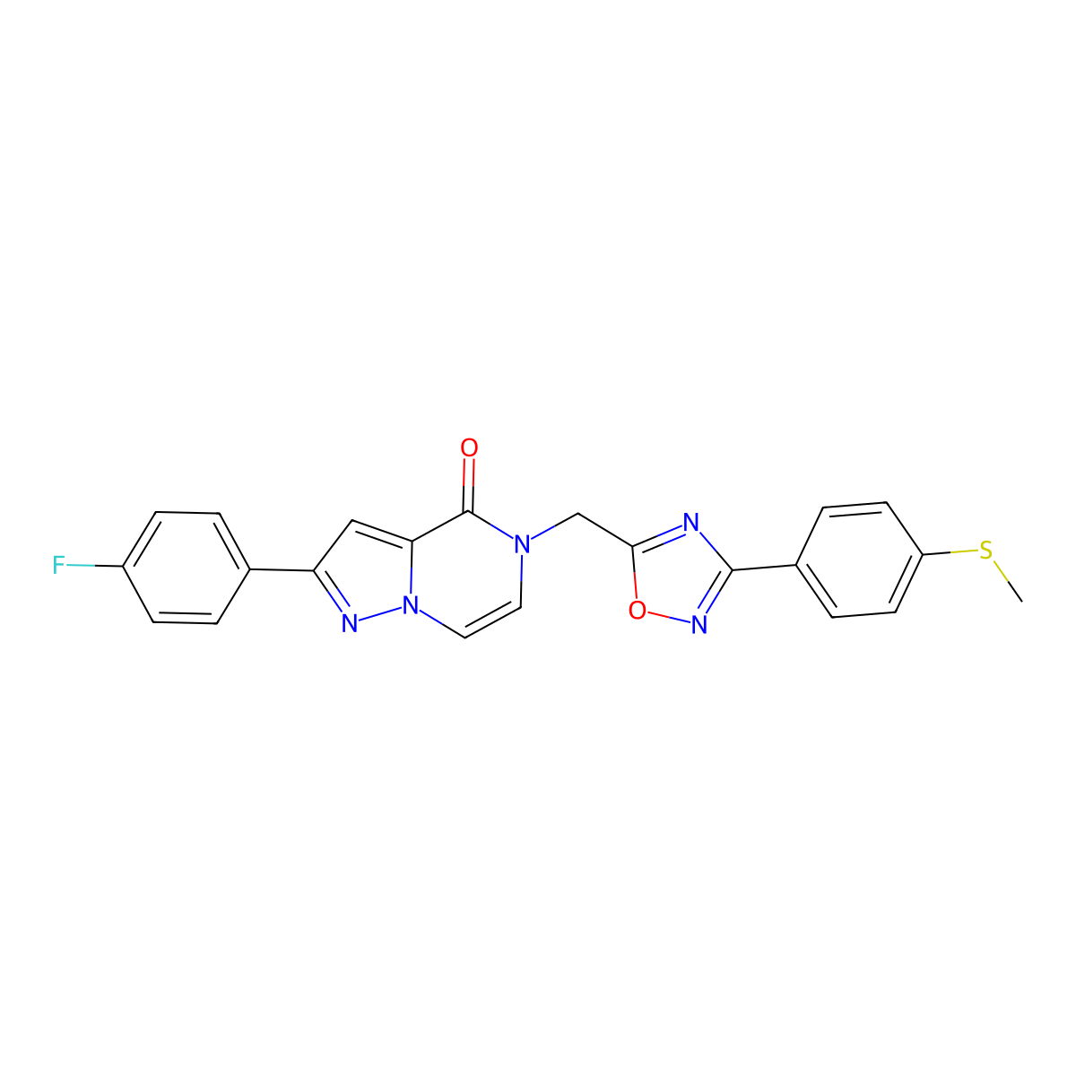 2-(4-fluorophenyl)-5-({3-[4-(methylsulfanyl)phenyl]-1,2,4-oxadiazol-5-yl}methyl)-4H,5H-pyrazolo[1,5-a]pyrazin-4-one molecular structure, CAS 1040635-99-1