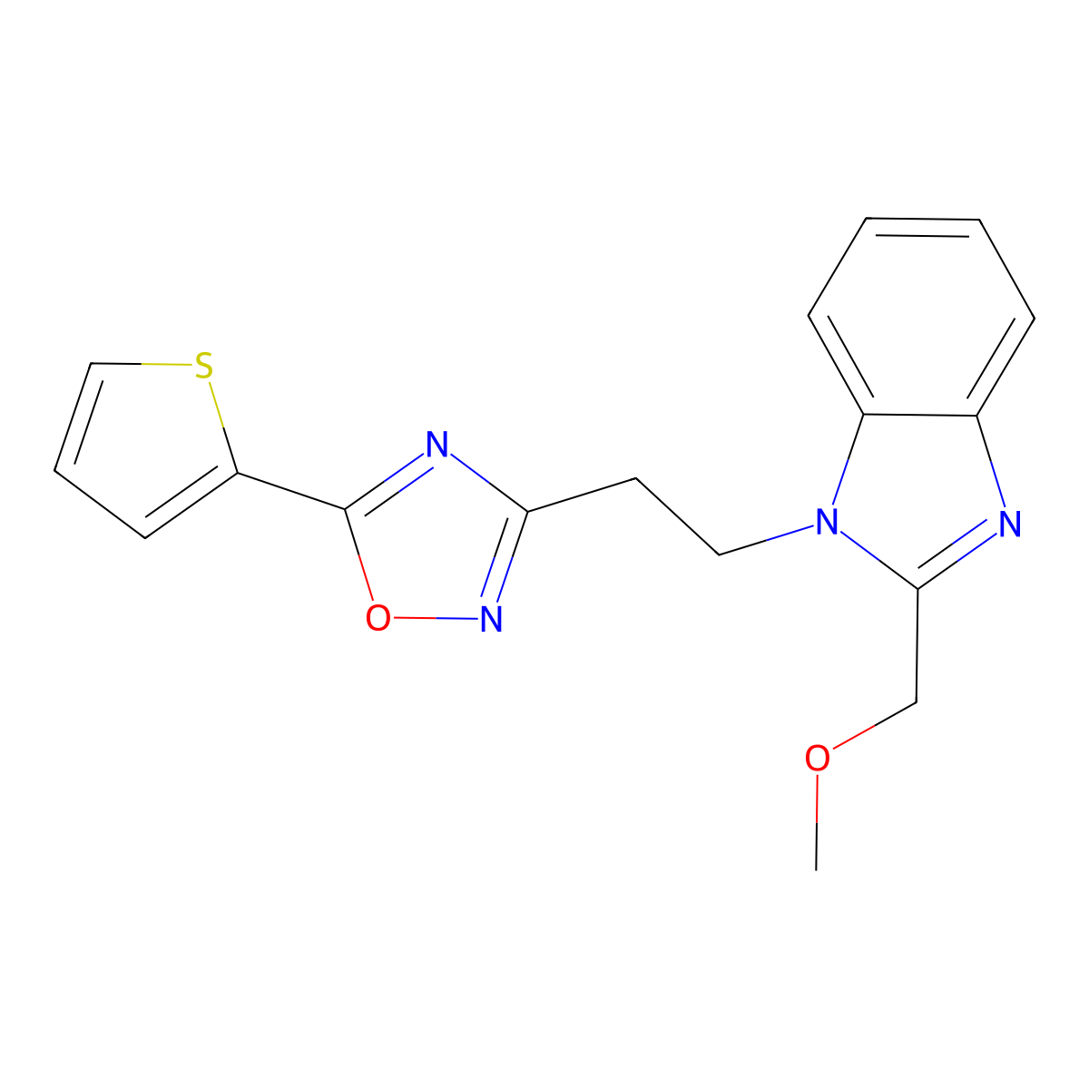 2-(methoxymethyl)-1-{2-[5-(thiophen-2-yl)-1,2,4-oxadiazol-3-yl]ethyl}-1H-benzimidazole molecular structure, CAS 1040636-01-8