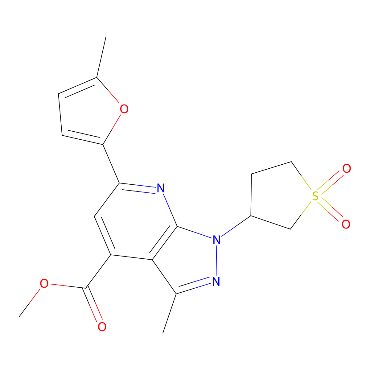 methyl 1-(1,1-dioxidotetrahydrothiophen-3-yl)-3-methyl-6-(5-methylfuran-2-yl)-1H-pyrazolo[3,4-b]pyridine-4-carboxylate molecular structure, CAS 1040636-06-3