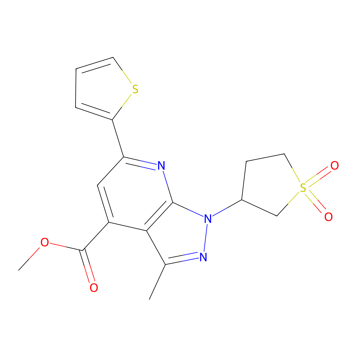 methyl 1-(1,1-dioxidotetrahydrothiophen-3-yl)-3-methyl-6-(thiophen-2-yl)-1H-pyrazolo[3,4-b]pyridine-4-carboxylate molecular structure, CAS 1040636-14-3