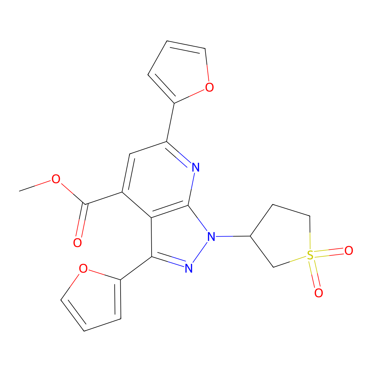 methyl 1-(1,1-dioxidotetrahydrothiophen-3-yl)-3,6-di(furan-2-yl)-1H-pyrazolo[3,4-b]pyridine-4-carboxylate molecular structure, CAS 1040636-30-3