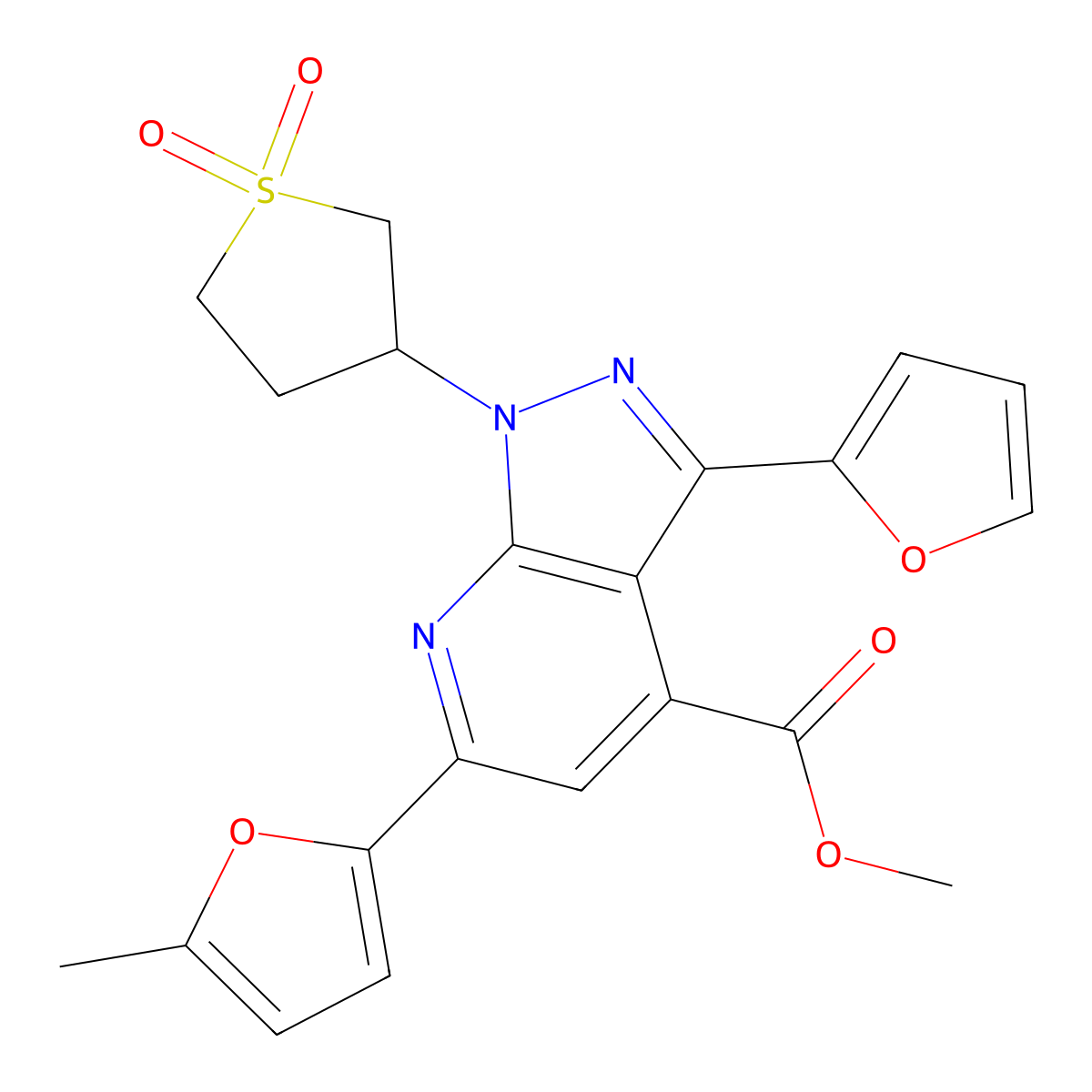 methyl 1-(1,1-dioxidotetrahydrothiophen-3-yl)-3-(furan-2-yl)-6-(5-methylfuran-2-yl)-1H-pyrazolo[3,4-b]pyridine-4-carboxylate molecular structure, CAS 1040636-38-1