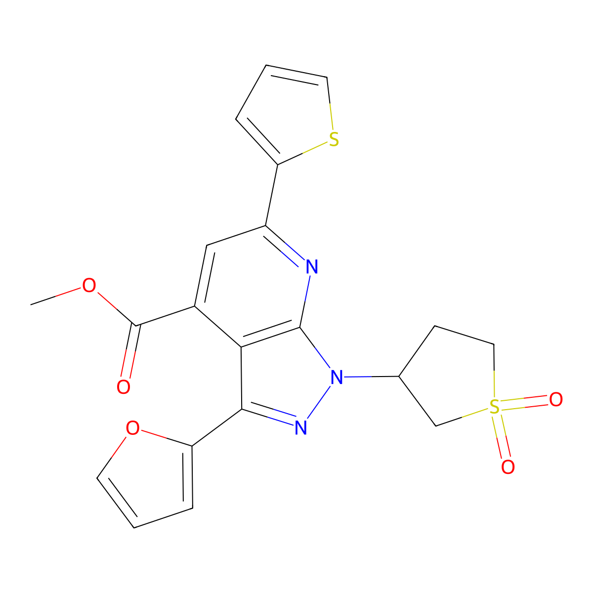 methyl 1-(1,1-dioxidotetrahydrothiophen-3-yl)-3-(furan-2-yl)-6-(thiophen-2-yl)-1H-pyrazolo[3,4-b]pyridine-4-carboxylate molecular structure, CAS 1040636-46-1