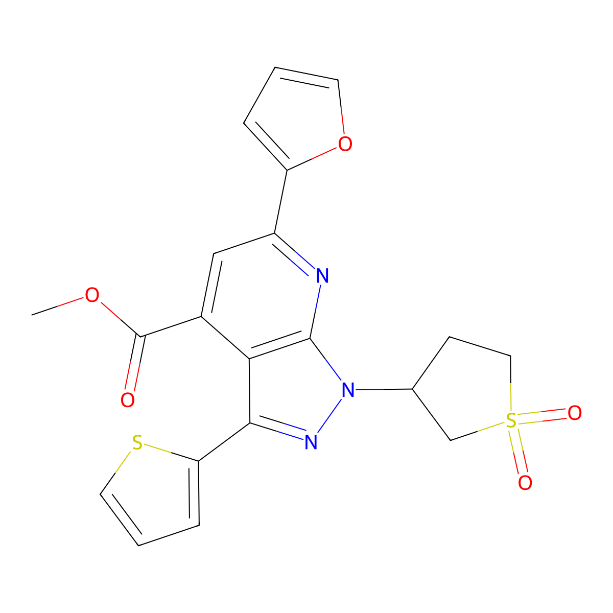 methyl 1-(1,1-dioxidotetrahydrothiophen-3-yl)-6-(furan-2-yl)-3-(thiophen-2-yl)-1H-pyrazolo[3,4-b]pyridine-4-carboxylate molecular structure, CAS 1040636-81-4