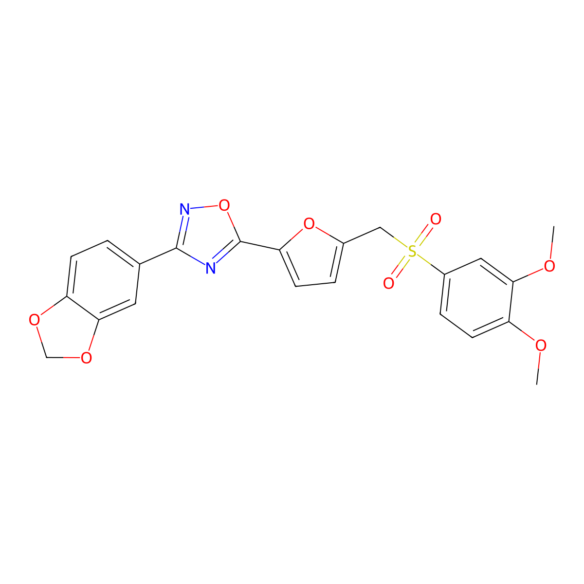 3-(2H-1,3-benzodioxol-5-yl)-5-{5-[(3,4-dimethoxybenzenesulfonyl)methyl]furan-2-yl}-1,2,4-oxadiazole molecular structure, CAS 1040636-83-6