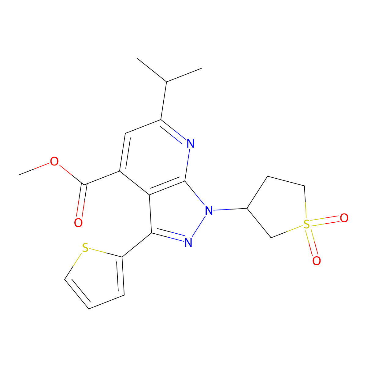 methyl 1-(1,1-dioxidotetrahydrothiophen-3-yl)-6-isopropyl-3-(thiophen-2-yl)-1H-pyrazolo[3,4-b]pyridine-4-carboxylate molecular structure, CAS 1040636-89-2