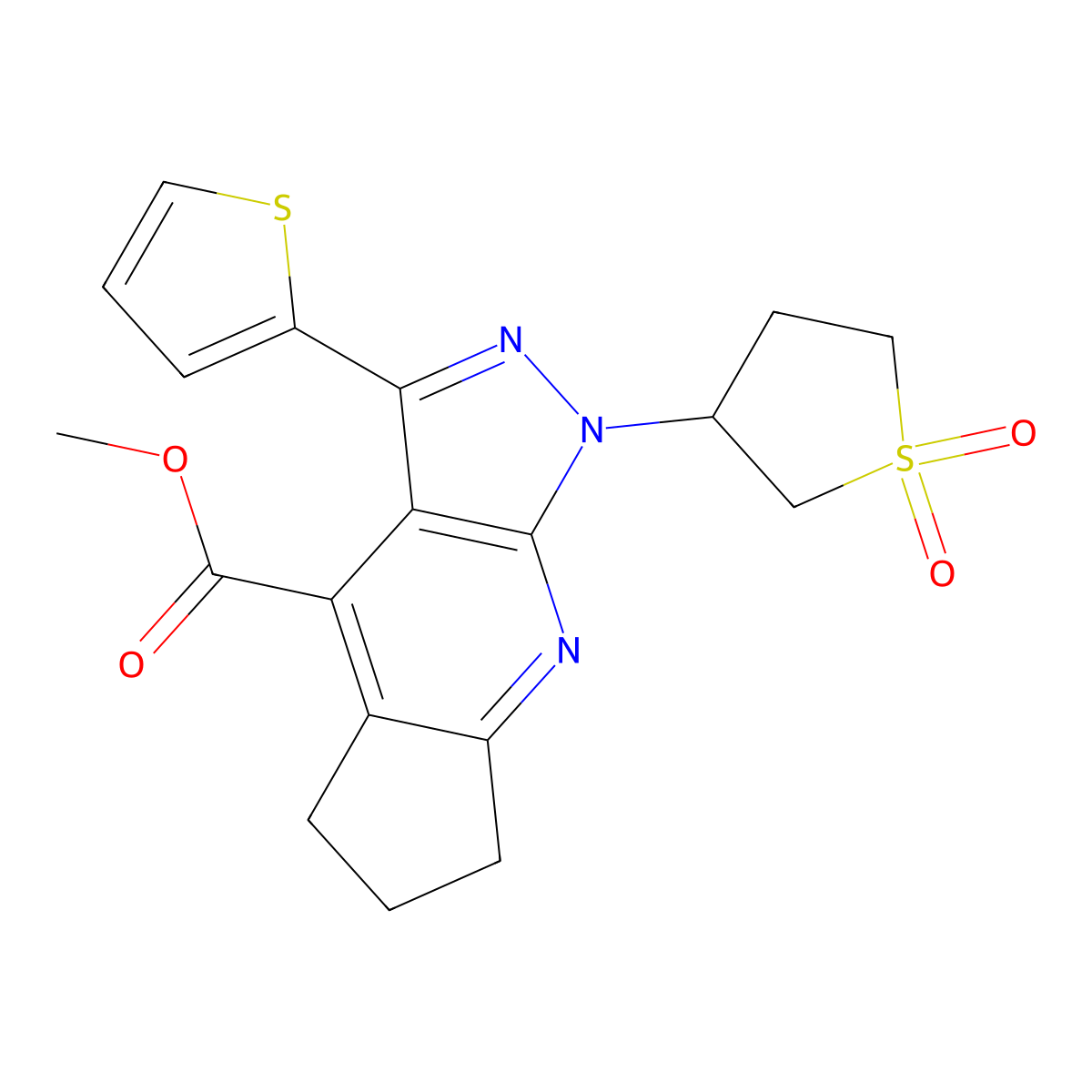 Methyl 1-(1,1-dioxidotetrahydrothiophen-3-yl)-3-(thiophen-2-yl)-1,5,6,7-tetrahydrocyclopenta[b]pyrazolo[4,3-e]pyridine-4-carboxylate molecular structure, CAS 1040636-97-2