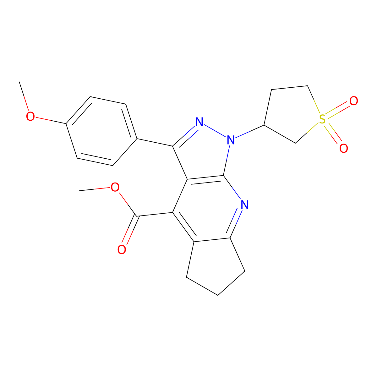 Methyl 1-(1,1-dioxidotetrahydrothiophen-3-yl)-3-(4-methoxyphenyl)-1,5,6,7-tetrahydrocyclopenta[b]pyrazolo[4,3-e]pyridine-4-carboxylate molecular structure, CAS 1040637-13-5