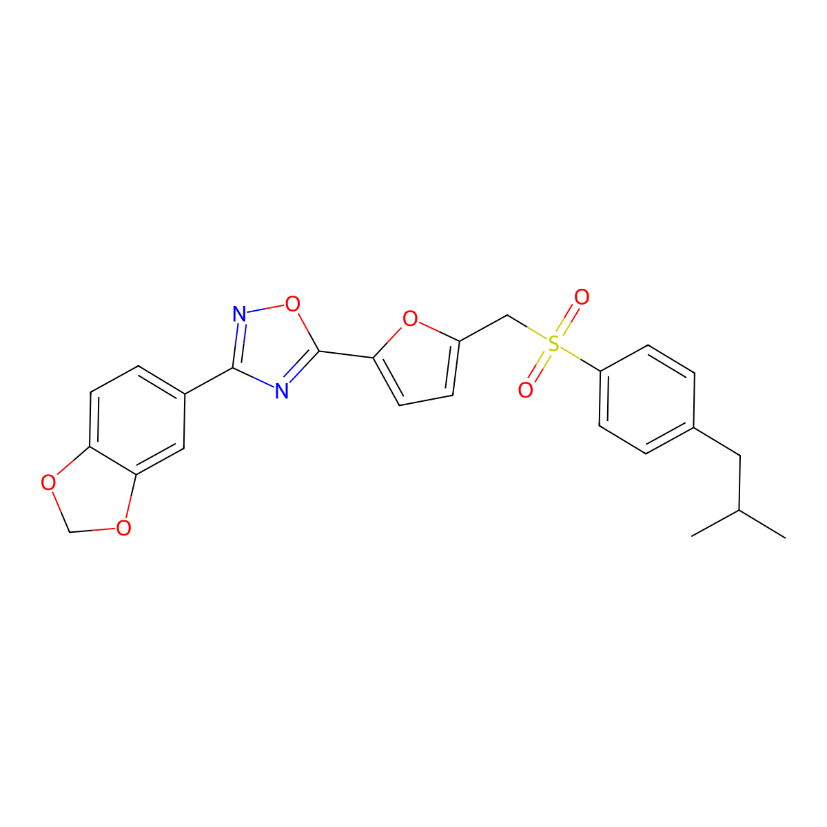 3-(2H-1,3-benzodioxol-5-yl)-5-(5-{[4-(2-methylpropyl)benzenesulfonyl]methyl}furan-2-yl)-1,2,4-oxadiazole molecular structure, CAS 1040637-15-7