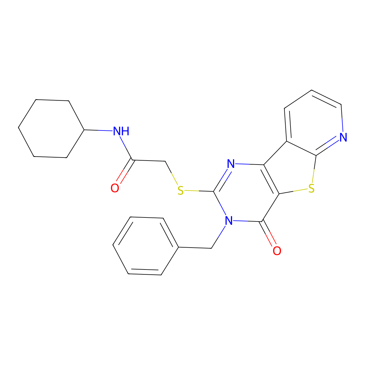 2-({5-benzyl-6-oxo-8-thia-3,5,10-triazatricyclo[7.4.0.0^{2,7}]trideca-1(9),2(7),3,10,12-pentaen-4-yl}sulfanyl)-N-cyclohexylacetamide molecular structure, CAS 1040637-26-0