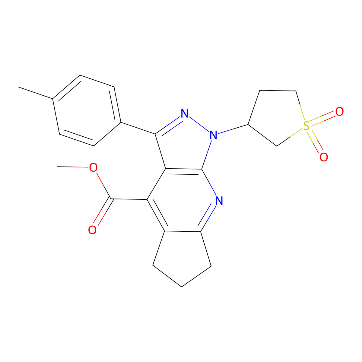 Methyl 1-(1,1-dioxidotetrahydrothiophen-3-yl)-3-(p-tolyl)-1,5,6,7-tetrahydrocyclopenta[b]pyrazolo[4,3-e]pyridine-4-carboxylate molecular structure, CAS 1040637-29-3