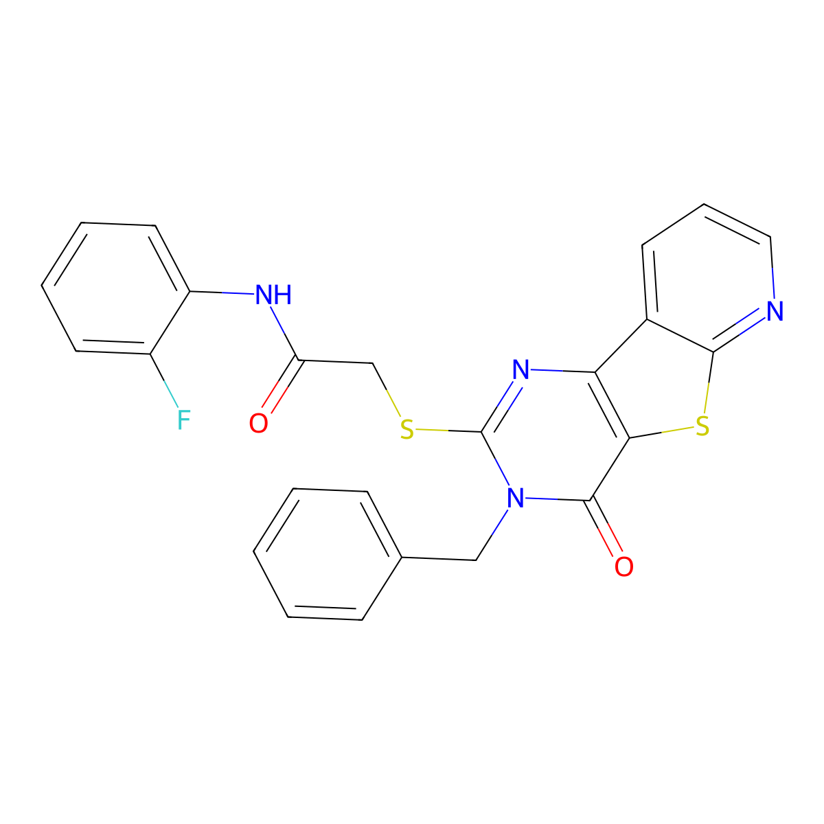 2-({5-benzyl-6-oxo-8-thia-3,5,10-triazatricyclo[7.4.0.0^{2,7}]trideca-1(9),2(7),3,10,12-pentaen-4-yl}sulfanyl)-N-(2-fluorophenyl)acetamide molecular structure, CAS 1040637-34-0