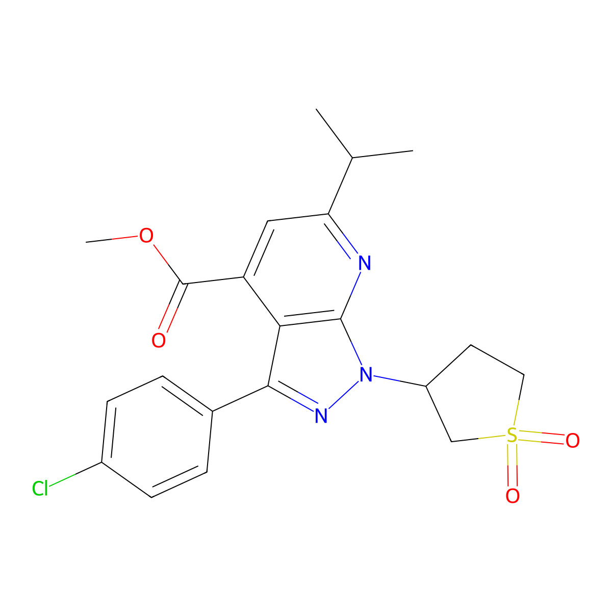 methyl 3-(4-chlorophenyl)-1-(1,1-dioxidotetrahydrothiophen-3-yl)-6-isopropyl-1H-pyrazolo[3,4-b]pyridine-4-carboxylate molecular structure, CAS 1040637-37-3