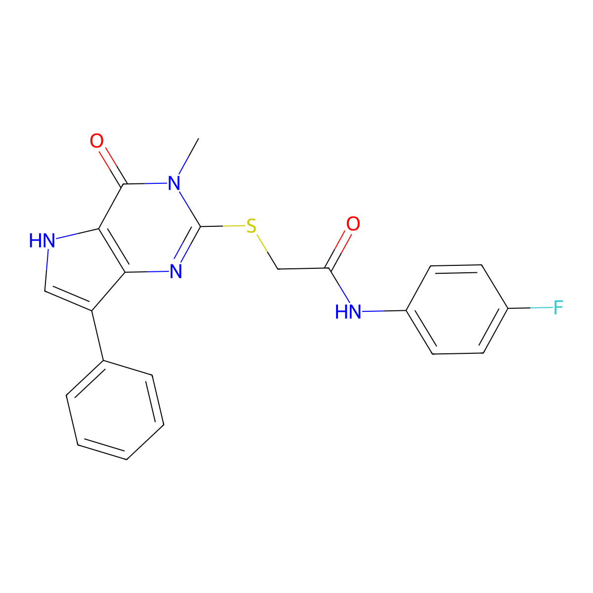 N-(4-fluorophenyl)-2-({3-methyl-4-oxo-7-phenyl-3H,4H,5H-pyrrolo[3,2-d]pyrimidin-2-yl}sulfanyl)acetamide molecular structure, CAS 1040637-44-2