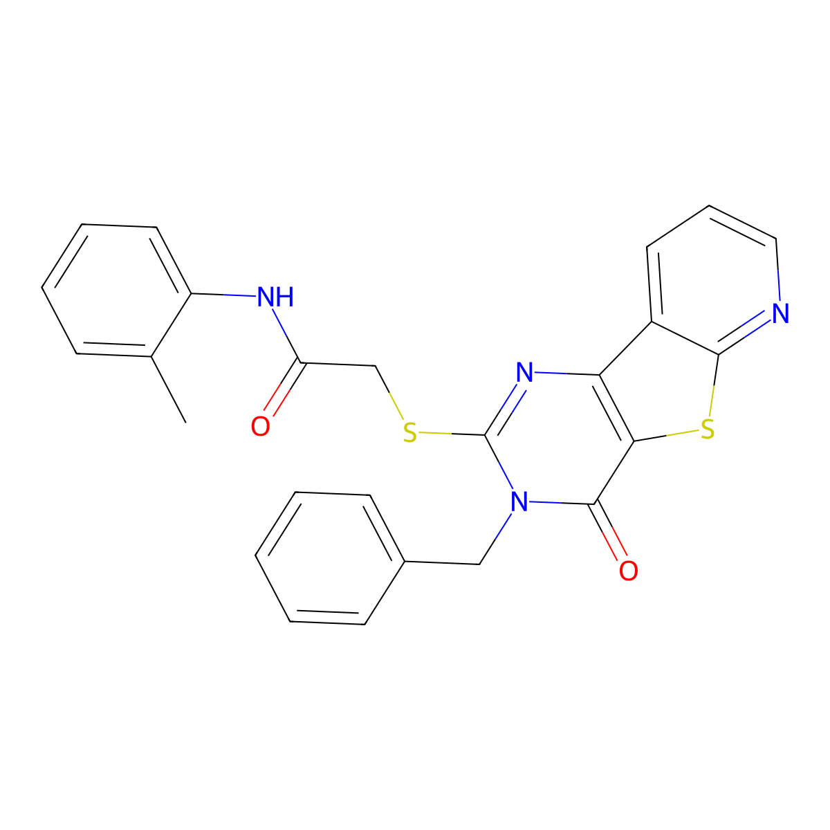 2-({5-benzyl-6-oxo-8-thia-3,5,10-triazatricyclo[7.4.0.0^{2,7}]trideca-1(9),2(7),3,10,12-pentaen-4-yl}sulfanyl)-N-(2-methylphenyl)acetamide molecular structure, CAS 1040637-50-0
