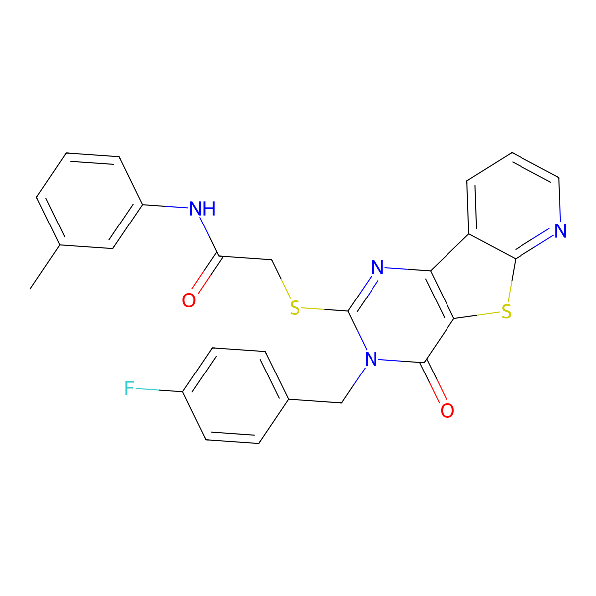 2-({5-[(4-fluorophenyl)methyl]-6-oxo-8-thia-3,5,10-triazatricyclo[7.4.0.0^{2,7}]trideca-1(9),2(7),3,10,12-pentaen-4-yl}sulfanyl)-N-(3-methylphenyl)acetamide molecular structure, CAS 1040637-57-7