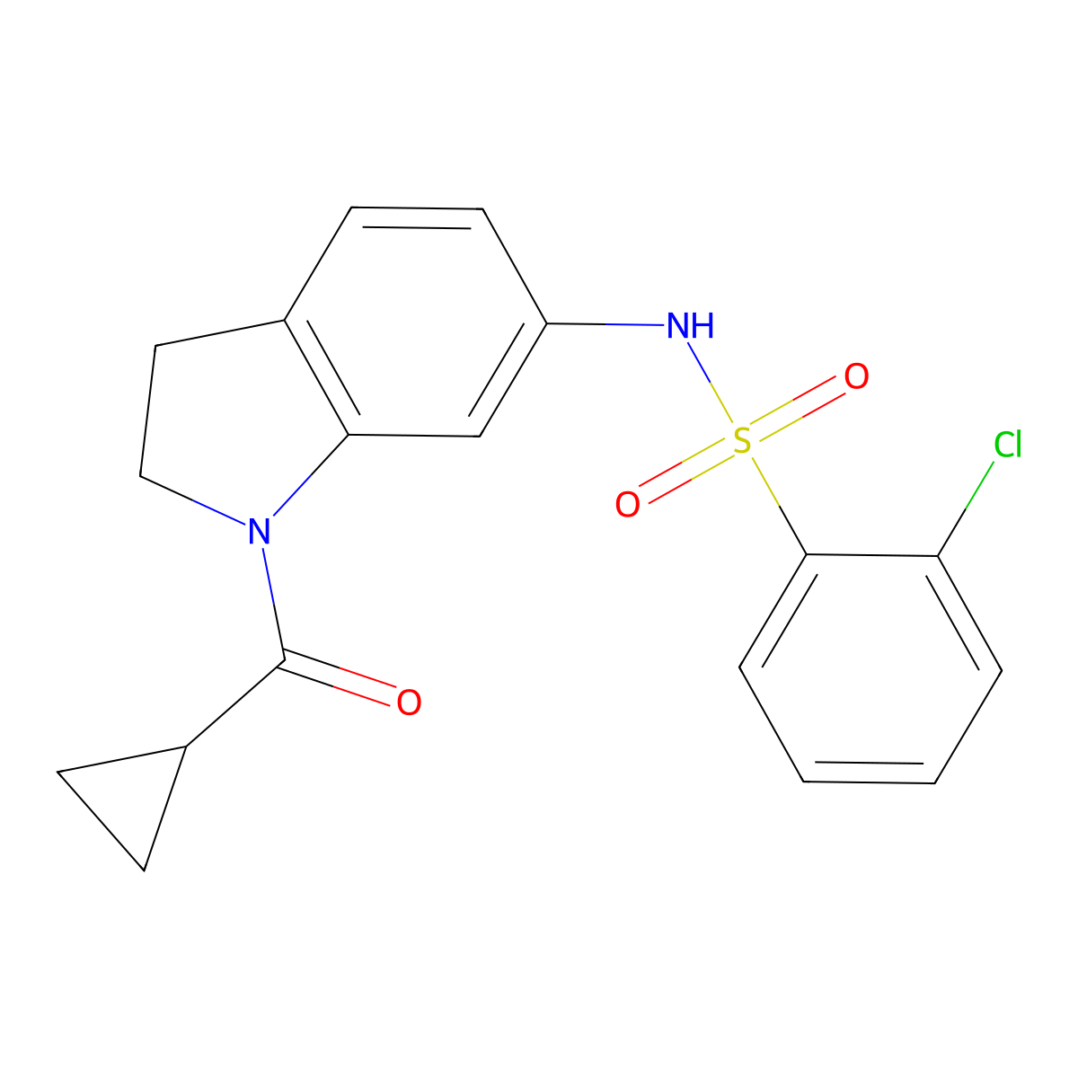 2-chloro-N-(1-(cyclopropanecarbonyl)indolin-6-yl)benzenesulfonamide molecular structure, CAS 1040637-58-8