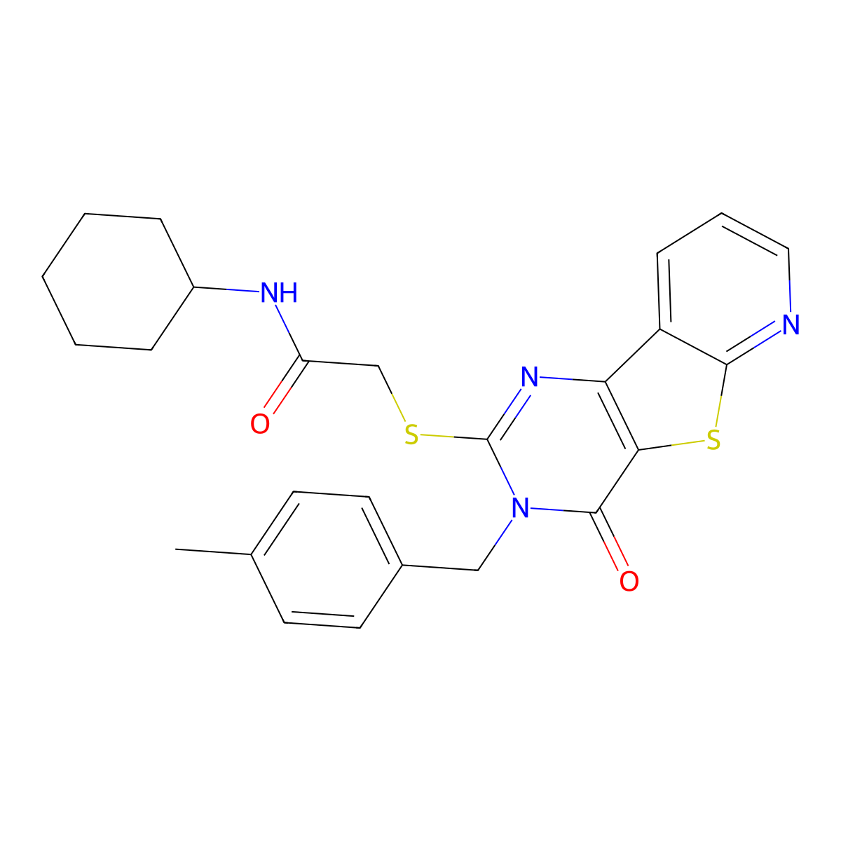 N-cyclohexyl-2-({5-[(4-methylphenyl)methyl]-6-oxo-8-thia-3,5,10-triazatricyclo[7.4.0.0^{2,7}]trideca-1(9),2(7),3,10,12-pentaen-4-yl}sulfanyl)acetamide molecular structure, CAS 1040637-64-6