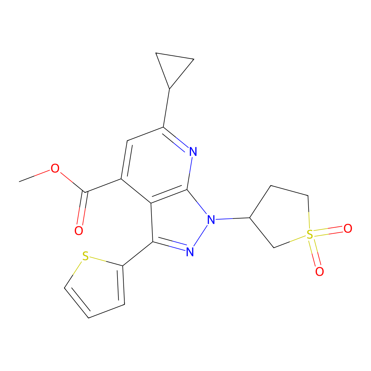 methyl 6-cyclopropyl-1-(1,1-dioxidotetrahydrothiophen-3-yl)-3-(thiophen-2-yl)-1H-pyrazolo[3,4-b]pyridine-4-carboxylate molecular structure, CAS 1040637-67-9