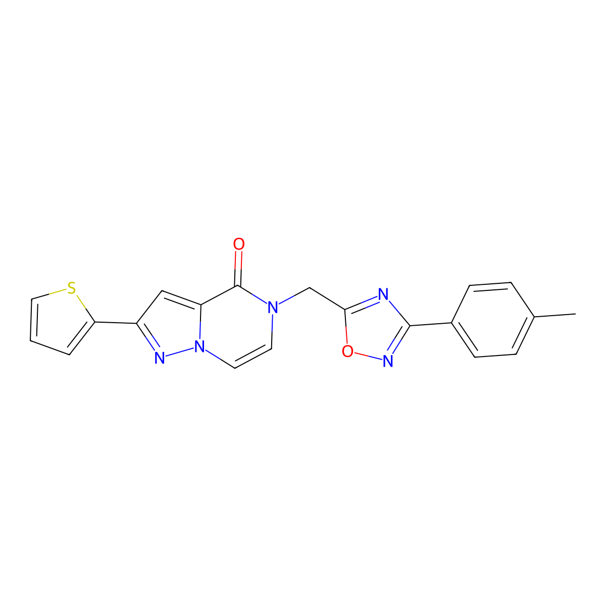 2-(thiophen-2-yl)-5-((3-(p-tolyl)-1,2,4-oxadiazol-5-yl)methyl)pyrazolo[1,5-a]pyrazin-4(5H)-one molecular structure, CAS 1040637-68-0