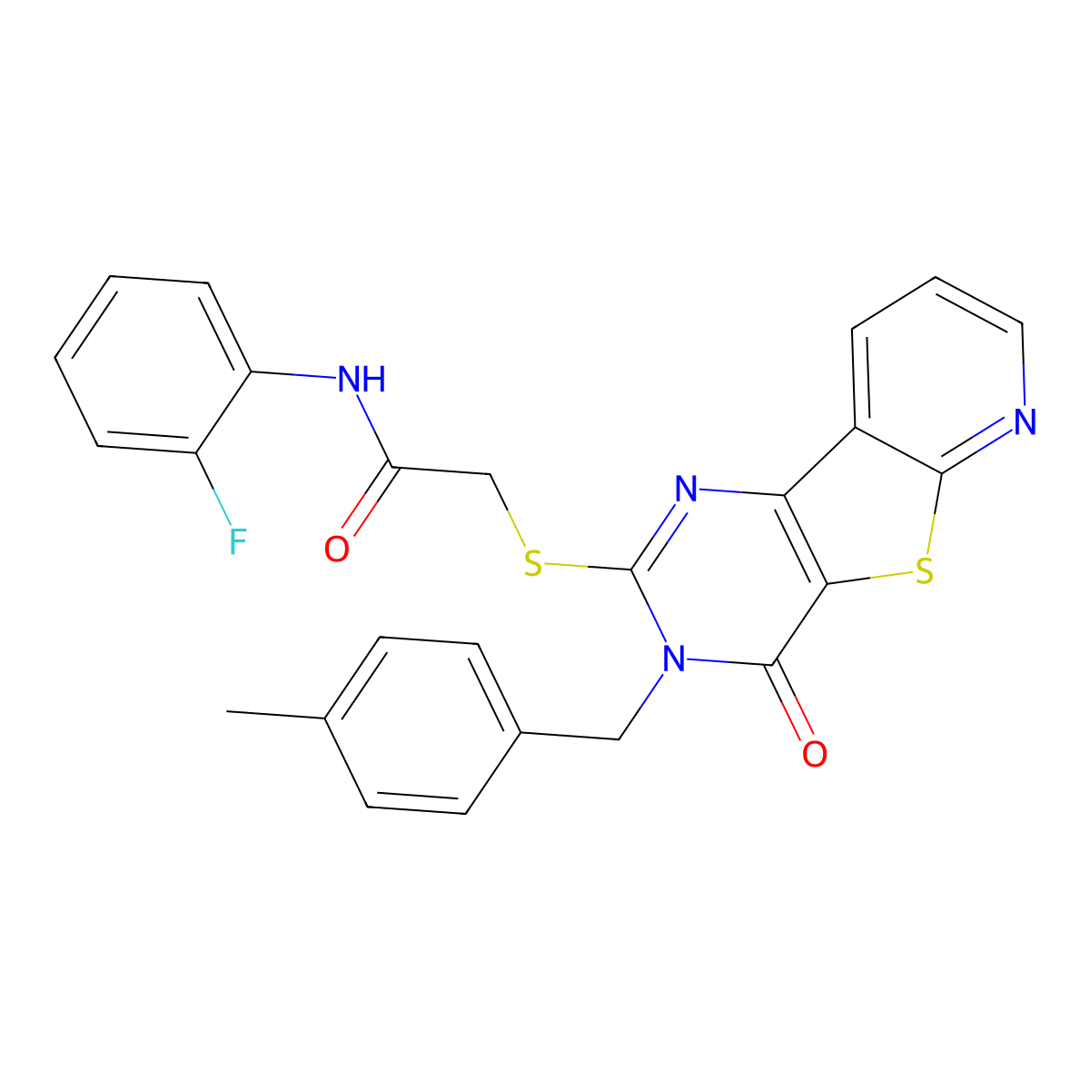 N-(2-fluorophenyl)-2-({5-[(4-methylphenyl)methyl]-6-oxo-8-thia-3,5,10-triazatricyclo[7.4.0.0^{2,7}]trideca-1(9),2(7),3,10,12-pentaen-4-yl}sulfanyl)acetamide molecular structure, CAS 1040637-78-2