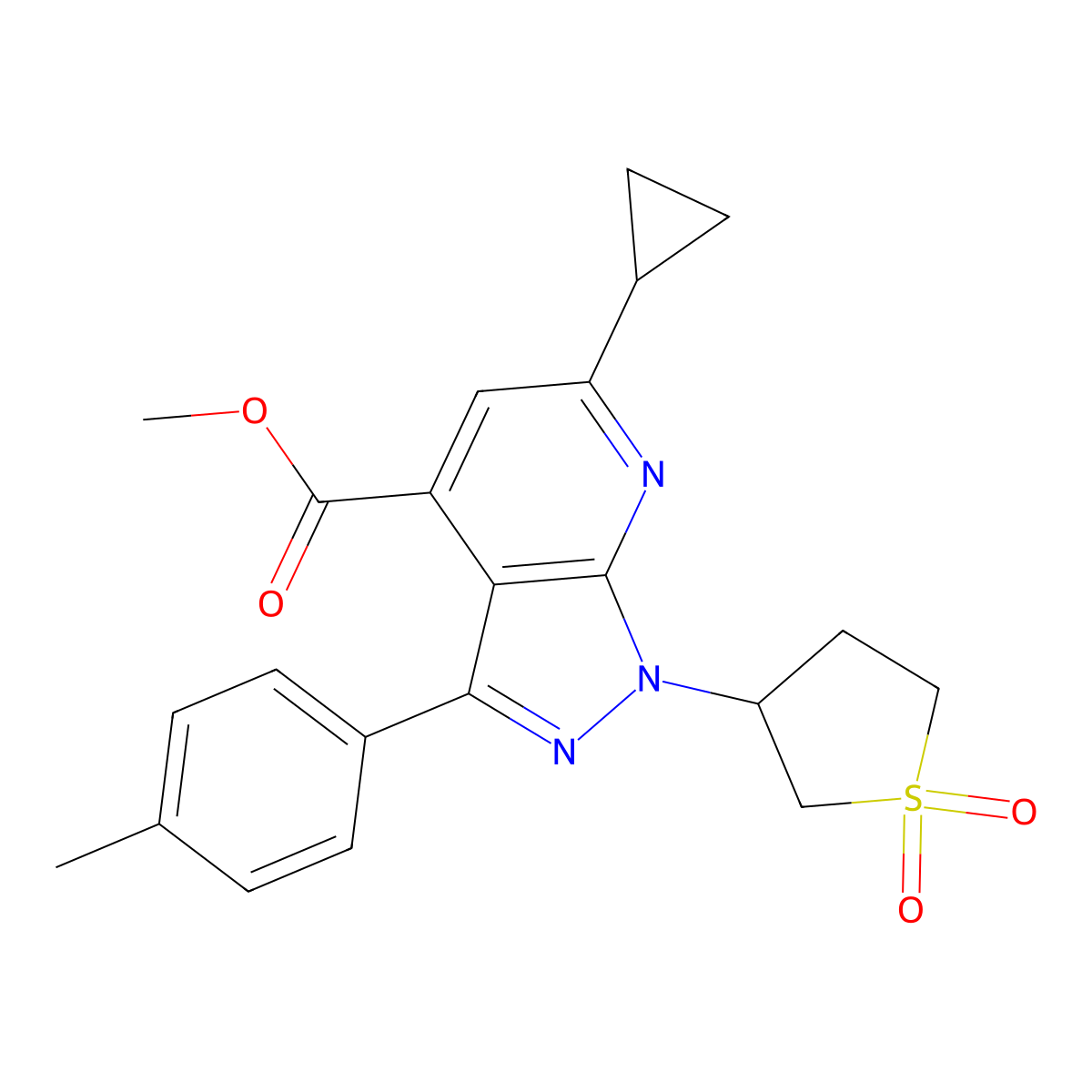methyl 6-cyclopropyl-1-(1,1-dioxidotetrahydrothiophen-3-yl)-3-(p-tolyl)-1H-pyrazolo[3,4-b]pyridine-4-carboxylate molecular structure, CAS 1040637-81-7