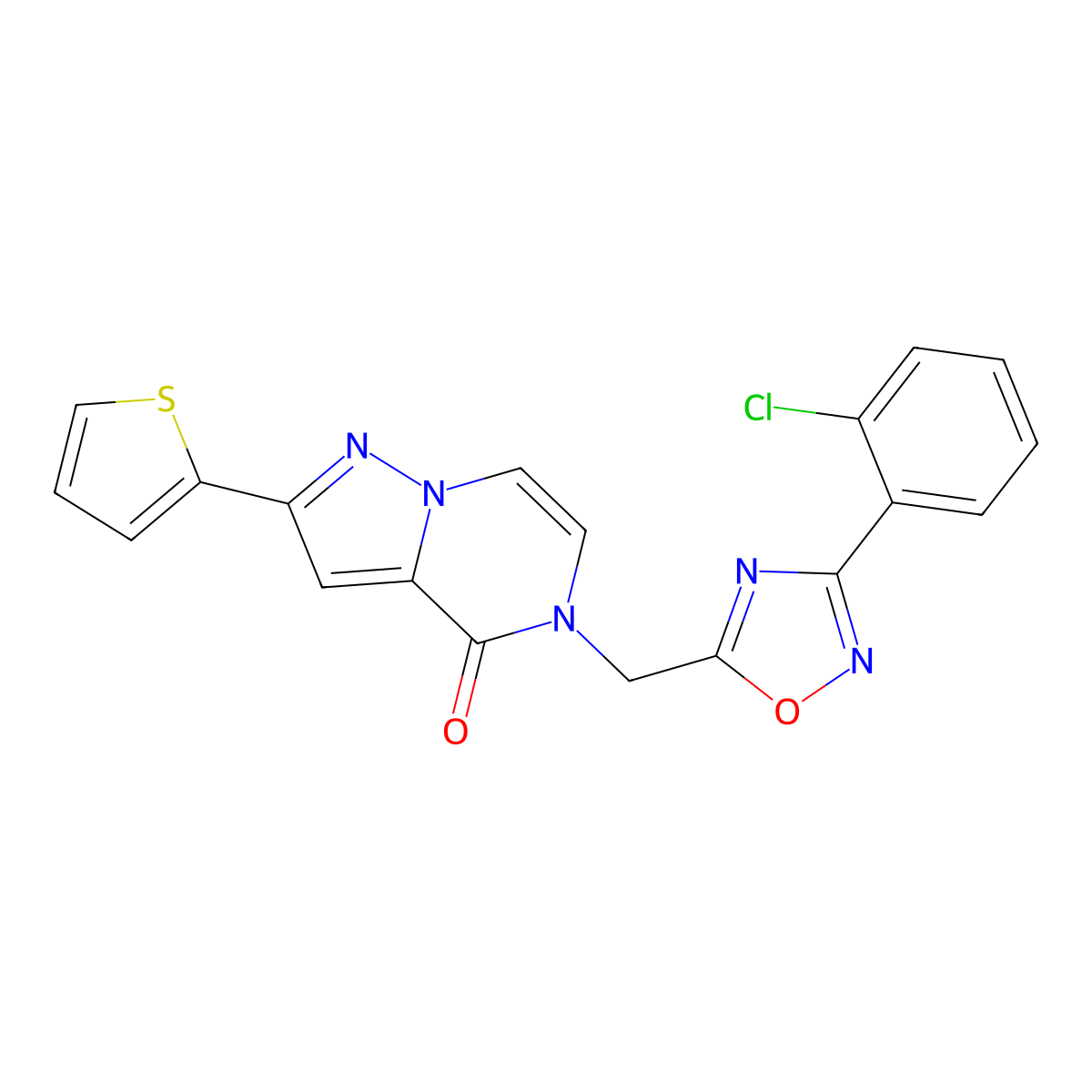 5-{[3-(2-chlorophenyl)-1,2,4-oxadiazol-5-yl]methyl}-2-(thiophen-2-yl)-4H,5H-pyrazolo[1,5-a]pyrazin-4-one molecular structure, CAS 1040637-82-8