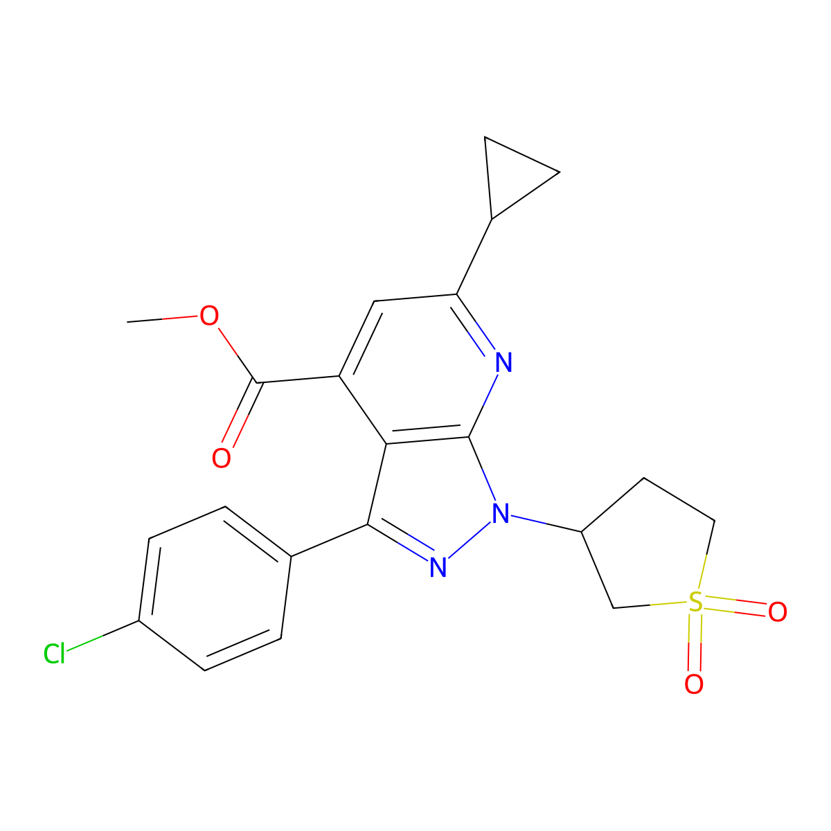 methyl 3-(4-chlorophenyl)-6-cyclopropyl-1-(1,1-dioxidotetrahydrothiophen-3-yl)-1H-pyrazolo[3,4-b]pyridine-4-carboxylate molecular structure, CAS 1040637-88-4