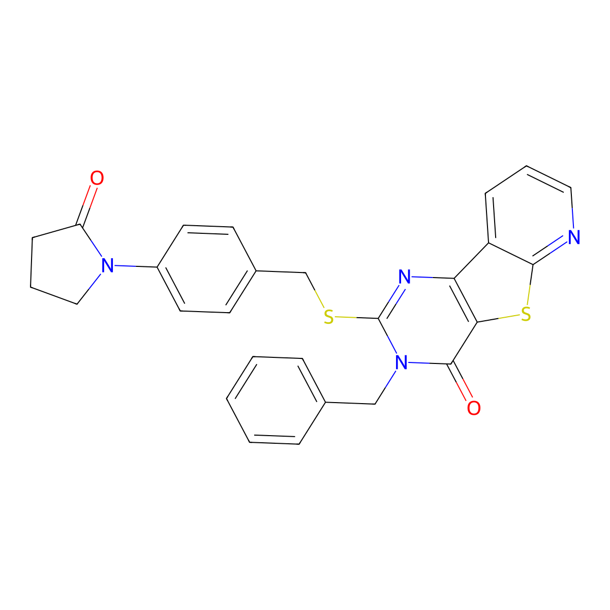 5-Benzyl-4-({[4-(2-oxopyrrolidin-1-yl)phenyl]methyl}sulfanyl)-8-thia-3,5,10-triazatricyclo[7.4.0.0^{2,7}]trideca-1(9),2(7),3,10,12-pentaen-6-one molecular structure, CAS 1040637-93-1