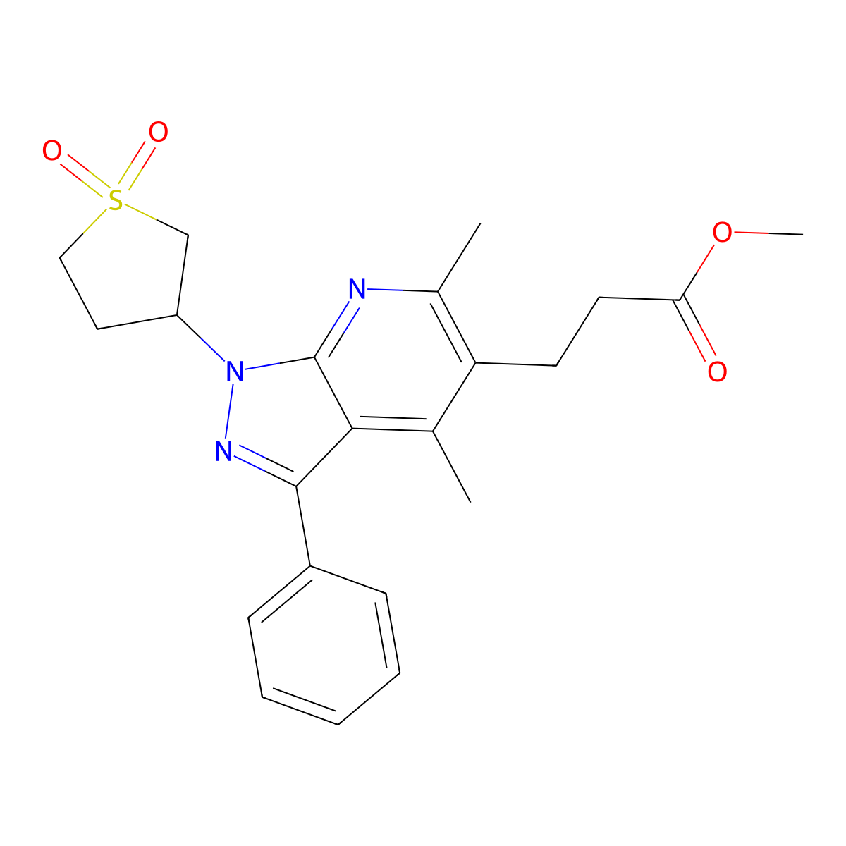 methyl 3-(1-(1,1-dioxidotetrahydrothiophen-3-yl)-4,6-dimethyl-3-phenyl-1H-pyrazolo[3,4-b]pyridin-5-yl)propanoate molecular structure, CAS 1040637-96-4