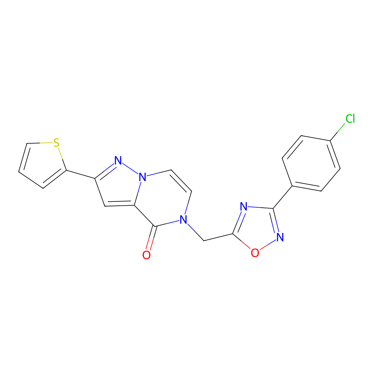 5-{[3-(4-chlorophenyl)-1,2,4-oxadiazol-5-yl]methyl}-2-(thiophen-2-yl)-4H,5H-pyrazolo[1,5-a]pyrazin-4-one molecular structure, CAS 1040637-97-5