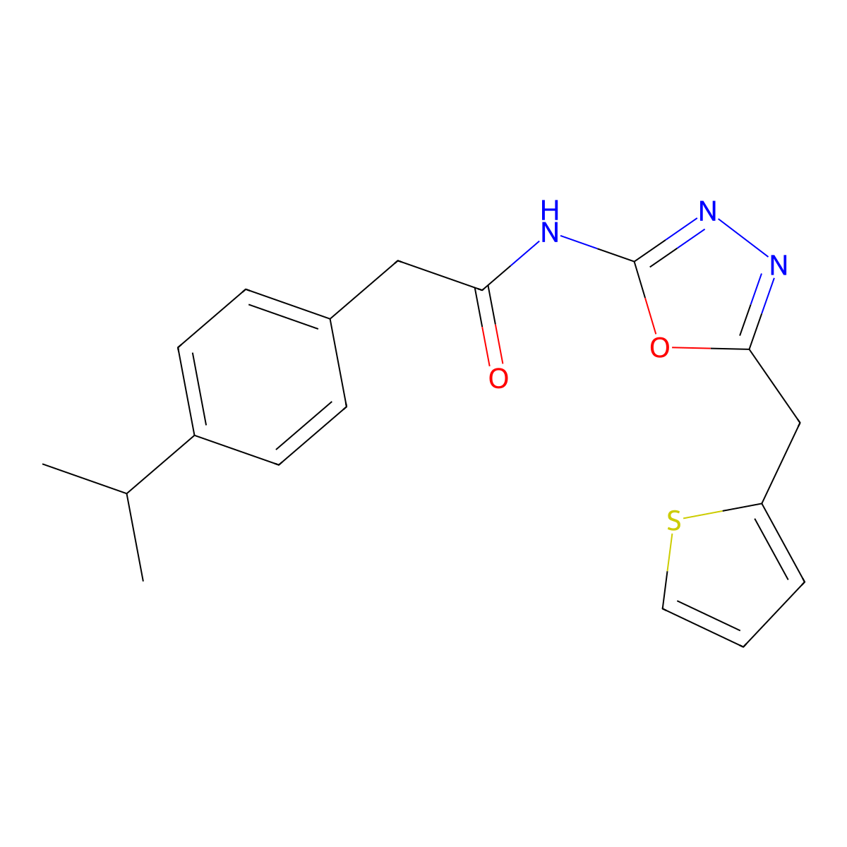 2-[4-(propan-2-yl)phenyl]-N-{5-[(thiophen-2-yl)methyl]-1,3,4-oxadiazol-2-yl}acetamide molecular structure, CAS 1040638-00-3