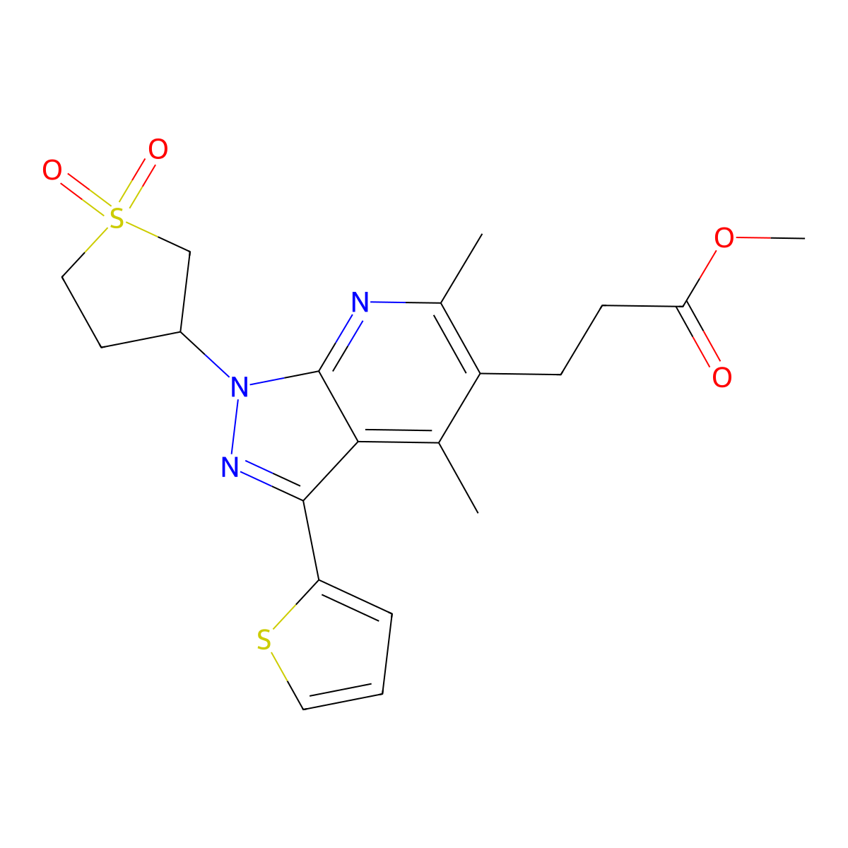 methyl 3-(1-(1,1-dioxidotetrahydrothiophen-3-yl)-4,6-dimethyl-3-(thiophen-2-yl)-1H-pyrazolo[3,4-b]pyridin-5-yl)propanoate molecular structure, CAS 1040638-12-7