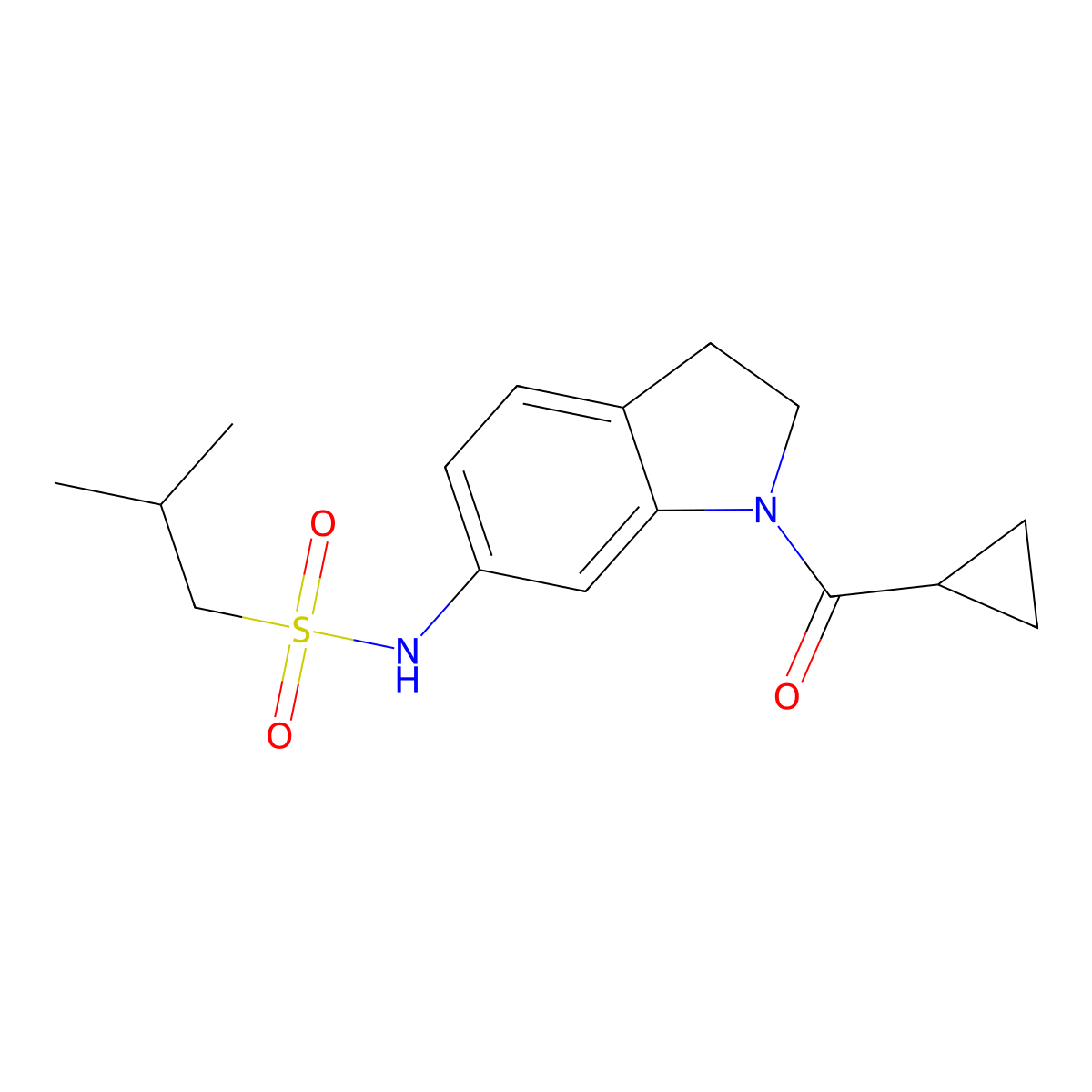 N-(1-(cyclopropanecarbonyl)indolin-6-yl)-2-methylpropane-1-sulfonamide molecular structure, CAS 1040638-18-3