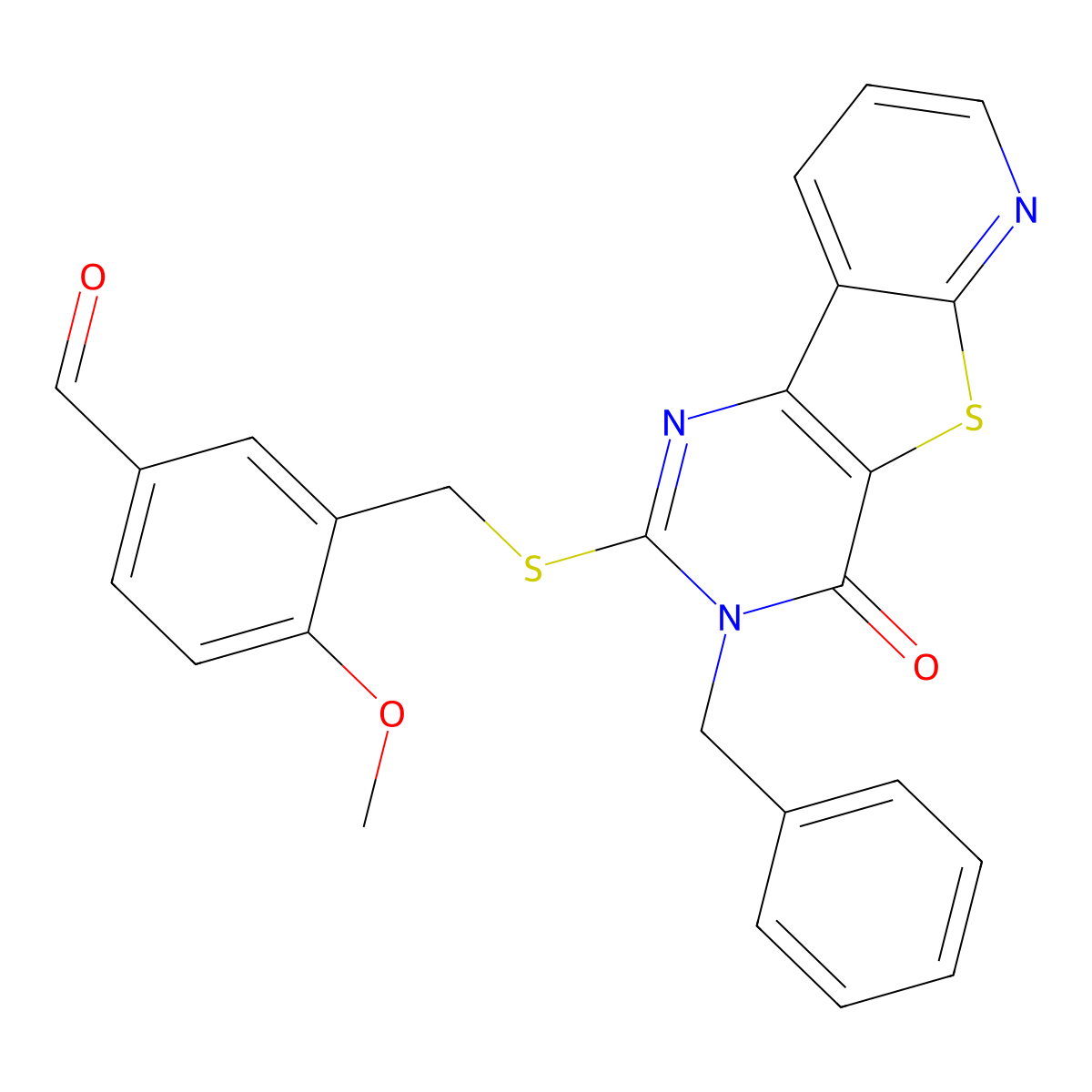 3-(((3-Benzyl-4-oxo-3,4-dihydropyrido[3',2':4,5]thieno[3,2-d]pyrimidin-2-yl)thio)methyl)-4-methoxybenzaldehyde molecular structure, CAS 1040638-24-1