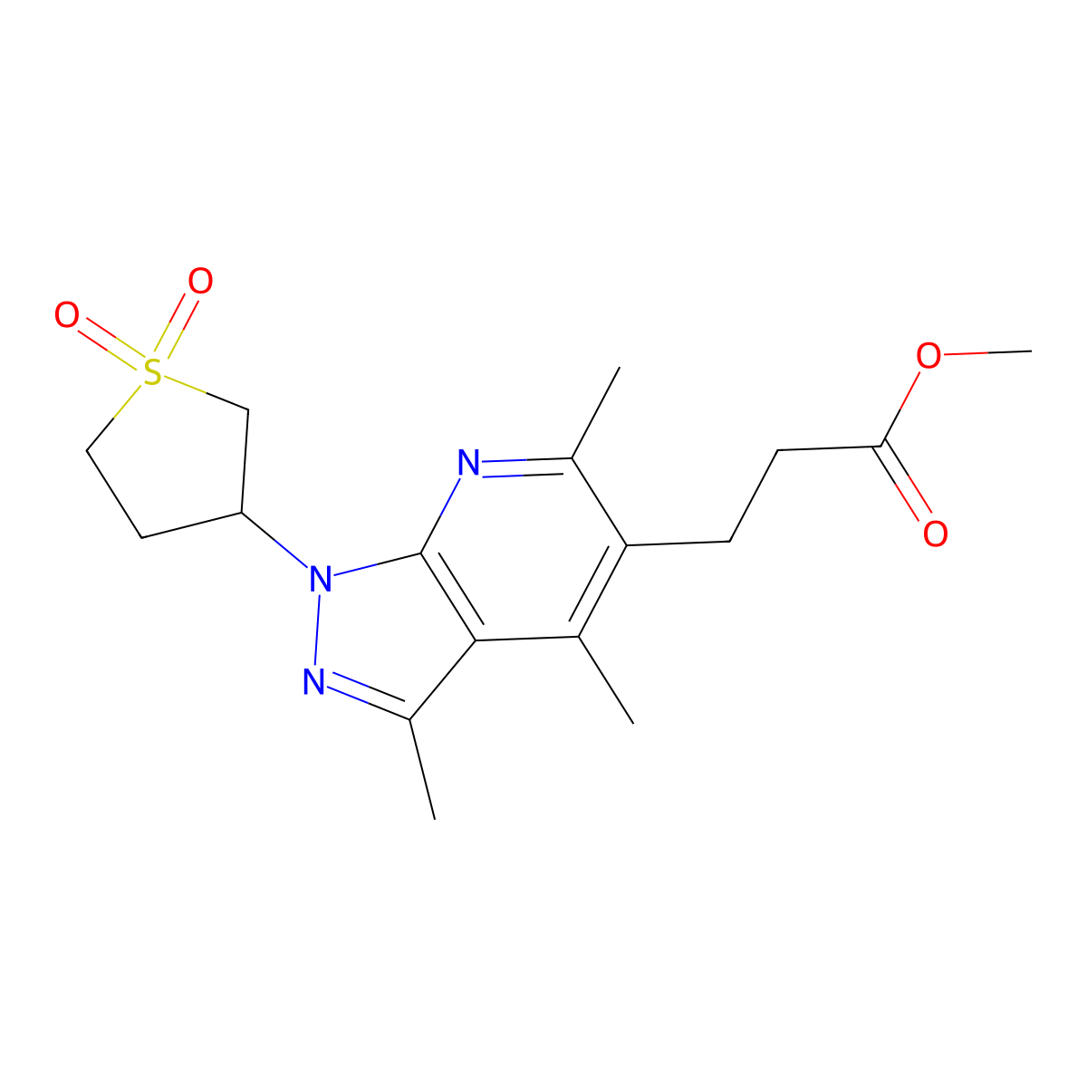 methyl 3-(1-(1,1-dioxidotetrahydrothiophen-3-yl)-3,4,6-trimethyl-1H-pyrazolo[3,4-b]pyridin-5-yl)propanoate molecular structure, CAS 1040638-27-4