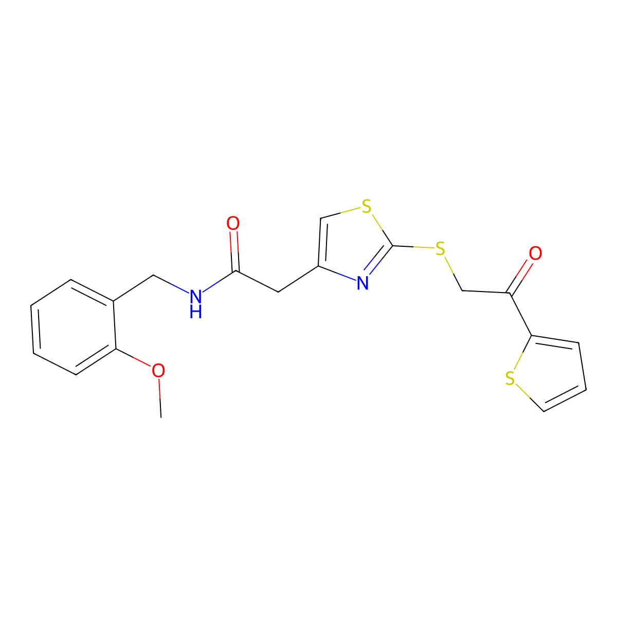 N-(2-methoxybenzyl)-2-(2-((2-oxo-2-(thiophen-2-yl)ethyl)thio)thiazol-4-yl)acetamide molecular structure, CAS 1040638-30-9